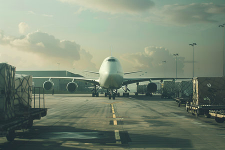 A large cargo airplane is positioned on the runway, surrounded by equipment for loading and unloading freight at a busy airport.の素材