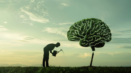 A man is watering a tree that resembles a human brain, representing the nurturing of intellect and the pursuit of knowledge.の素材
