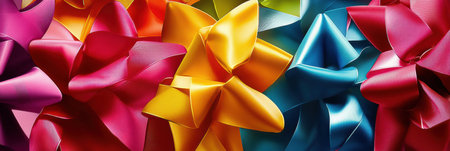 Bright ribbons and bows interlace in a vibrant pattern, creating an eye-catching display perfect for gifts or celebrations.の素材