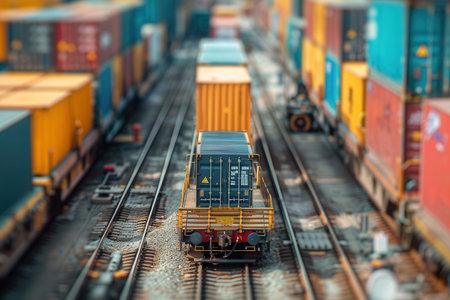 Containers are being loaded from a truck onto a train at a freight terminal, showcasing efficient transport integration.の素材