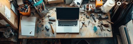 A sleek laptop sits on a messy wooden desk filled with tools and art supplies, reflecting a busy day of creative work and inspiration.の素材