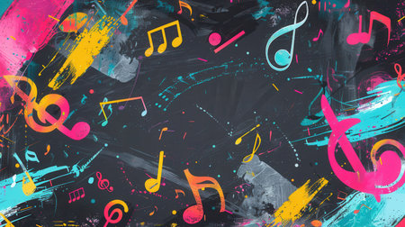 Colorful brushstrokes blend with musical notes on a chalkboard, showcasing an artistic fusion of music and visual creativity.の素材