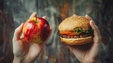 One hand displays a vibrant apple, contrasting with the other hand holding a hamburger, emphasizing the debate between healthy and unhealthy foods.の素材