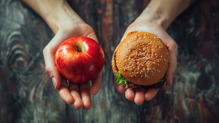 One hand holds a fresh apple, while the other grasps a hamburger, illustrating a contrast between healthy and unhealthy food options.の素材