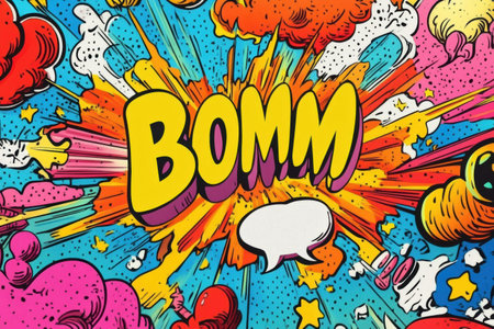 A vibrant comic-style explosion showcases the word BOMM with playful colors, surrounded by whimsical doodles and sound effects.の素材
