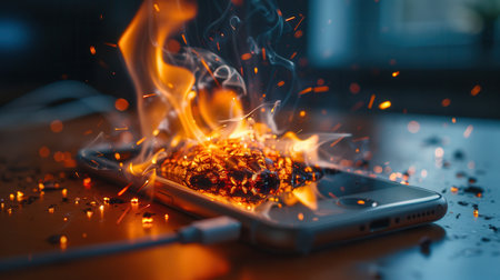 A smartphone is engulfed in flames while connected to a charger, illustrating the risks of battery overheating and fire hazards.の素材