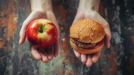 One hand presents a vibrant apple, while the other showcases a hamburger, highlighting the choice between nutritious and unhealthy eating.の素材