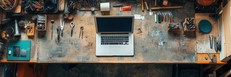 The workspace features a laptop surrounded by an array of tools on a rustic wooden table illuminated by natural light.の素材