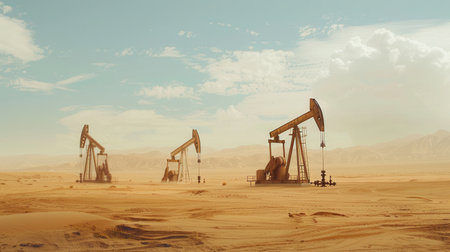 Oil drilling derricks operate in a vast desert oilfield, producing crude oil under a clear sky, showcasing energy extraction in remote areas.の素材