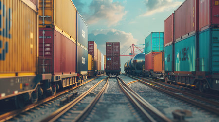 Containers are being transferred from a truck to a train at a transport hub, highlighting efficient intermodal freight logistics during sunset.の素材