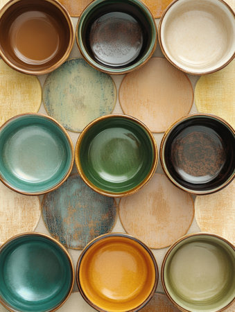 Circular tea cups in warm brown and green tones are beautifully arranged to create a harmonious and inviting display.の素材