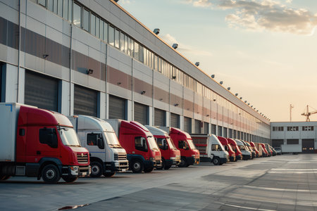 A lineup of trucks and vans await loading at a warehouse during the late afternoon, preparing for distribution activities.の素材