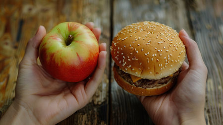 One hand holds a fresh apple while the other grips a hamburger, representing healthy versus unhealthy food choices.の素材