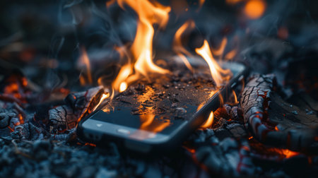A smartphone is engulfed in flames while charging, illustrating the dangers of battery overheating in a hazardous situation.の素材