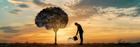 A silhouette of a man tending to a tree shaped like a brain during a vibrant sunset, representing the growth of ideas and education.の素材