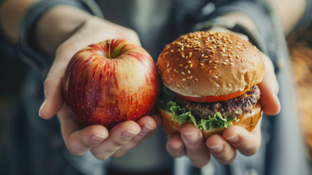 One hand holds a fresh apple while the other presents a hamburger, illustrating the contrast between healthy and unhealthy food choices.の素材