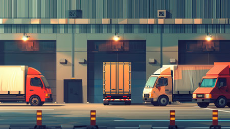 Several trucks and vans wait at a warehouse loading dock, poised for efficient cargo loading in the early morning light.の素材