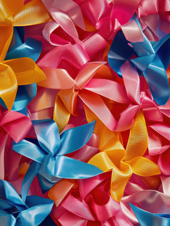 The vibrant pattern features various bright ribbons and bows interwoven beautifully, creating a joyful and colorful display perfect for celebrations.の素材