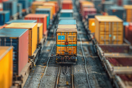 Containers are being transferred from a truck onto a train at a transport facility, highlighting seamless logistics operations.の素材