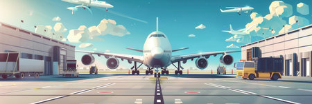 A cargo airplane is positioned on the runway as loading equipment works to unload and prepare freight for transport.の素材