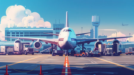 A cargo airplane stands on the runway as ground crews efficiently load and unload cargo using specialized equipment.の素材