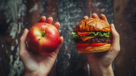 One hand holds a bright red apple while the other grips a hamburger, symbolizing the choice between healthy and unhealthy eating habits.の素材