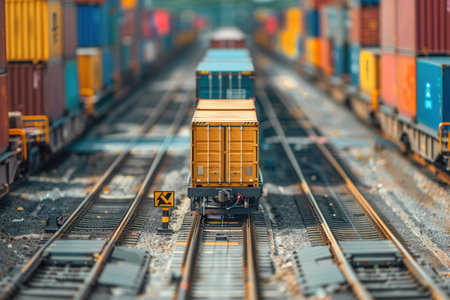 A truck unloads containers onto a train in a freight yard, showing the seamless integration of transportation modes for logistics.の素材