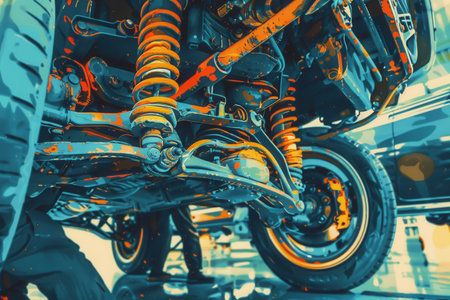 A mechanic works diligently under an elevated car, focusing on repairs in a bustling auto repair shop environment.の素材