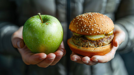 A hand holds a green apple while the other hand presents a hamburger, showing the difference between nutritious and junk food options.の素材