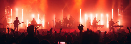 An electrifying concert atmosphere unfolds as musicians perform on stage, illuminated by brilliant lights, while the enthusiastic crowd cheers.の素材