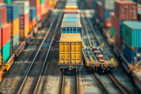 Trucks are loading colorful containers onto a train at a logistics center, highlighting efficient multi-modal transport operations.の素材