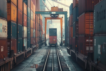 Freight containers are being efficiently transferred from a truck onto a train at a busy transport hub, showcasing integration of logistics.の素材