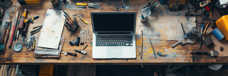 The workspace showcases a laptop surrounded by an array of tools, papers, and art supplies, emphasizing creativity and organization.の素材