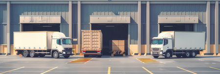 Several trucks and vans are parked at a warehouse loading dock, prepared for efficient loading and shipping operations.の素材