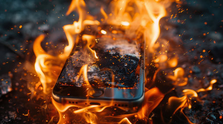 A charging smartphone ignites flames as its battery overheats, creating a hazardous situation in a dimly lit area.の素材