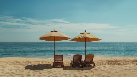 Two wooden lounge chairs sit side by side beneath parasol umbrellas on a serene sandy beach, inviting relaxation under the sun.の素材