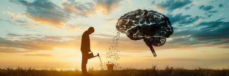 The silhouette of a man pours water onto a brain-shaped plant under a colorful sunset, representing growth in mind and intellect.の素材
