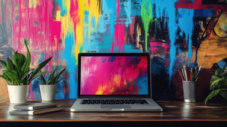 The workspace showcases a laptop placed on a wooden desk surrounded by potted plants and colorful artwork, creating an inspiring atmosphere.の素材