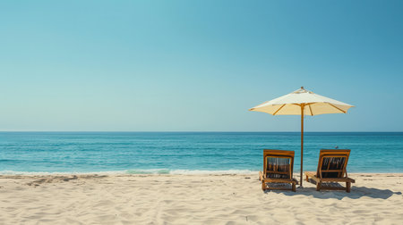 Two wooden lounge chairs sit under white parasol umbrellas on a sunny, empty beach with gentle waves lapping at the shore.の素材