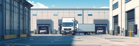 A fleet of trucks and vans waits at a warehouse loading area, ready to be filled and dispatched for deliveries.の素材