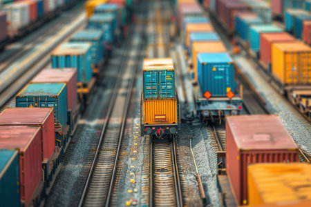 Containers are transferred from a truck to a train at a bustling transportation center, highlighting efficient logistics operations.の素材