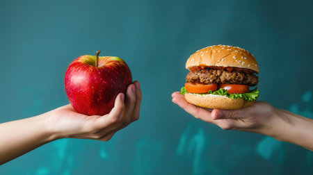 One hand showcases a fresh apple while the other displays a hamburger, illustrating the choice between healthy and unhealthy foods.の素材