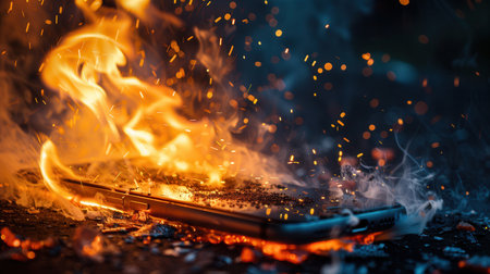 A smartphone catches fire while charging, producing intense flames and smoke as the battery overheats, posing a significant danger.の素材