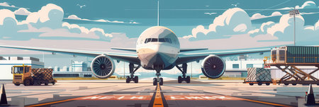 A large cargo airplane stands on the runway as loading and unloading equipment prepares to service its cargo at the airport.の素材