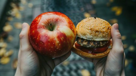 Two contrasting food choices are being held; one hand presents a fresh apple while the other displays a hamburger laden with toppings.の素材