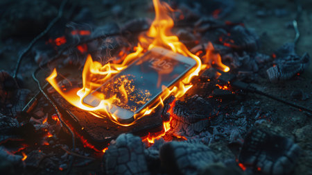A smartphone is engulfed in flames while being charged, highlighting the dangers of overheating batteries and the need for caution.の素材