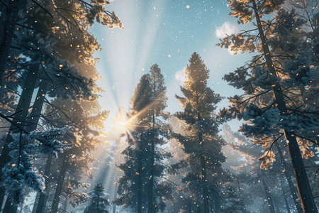Tall pine trees covered in snow stand majestically, with sunlight streaming through their branches in a tranquil winter landscape.の素材