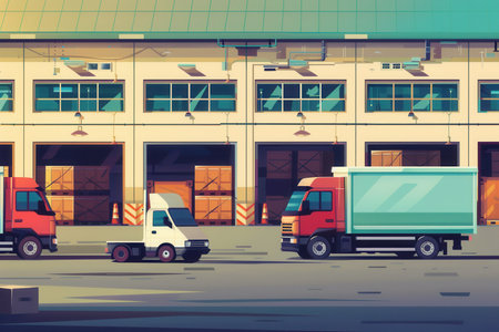 Multiple trucks and vans are parked at a warehouse, prepared for loading as workers manage shipments and deliveries.の素材