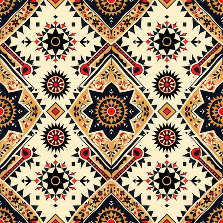 A decorative textile design showcases a vibrant geometric pattern with stars, diamonds, and intricate details in warm colors.の素材