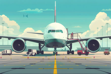 A cargo airplane is positioned on the runway, with various loading and unloading equipment working around it to facilitate operations.の素材